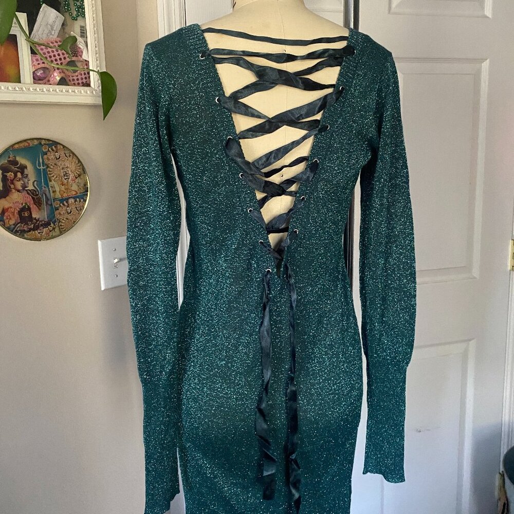 JOYCE LESLIE Green Metallic Open Back CORSET Lace-Up Maxi Dress Gown *LARGE*